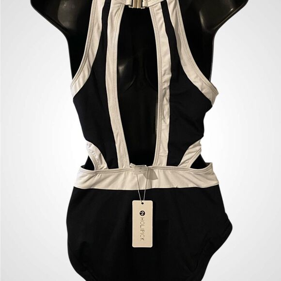 Women’s one piece cutout swimsuit with tummy control black & white NWT size L. - Picture 6 of 10